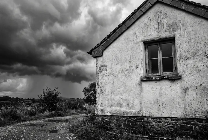 Verputztes Haus vor dramatischem Wetterhimmel