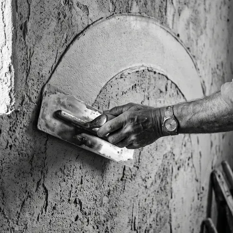 Hand mit Kelle beim Verputzen einer Wand