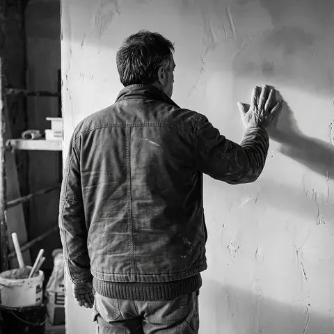 Handwerksmeister prüft eine frisch verputzte Wand mit der Hand
